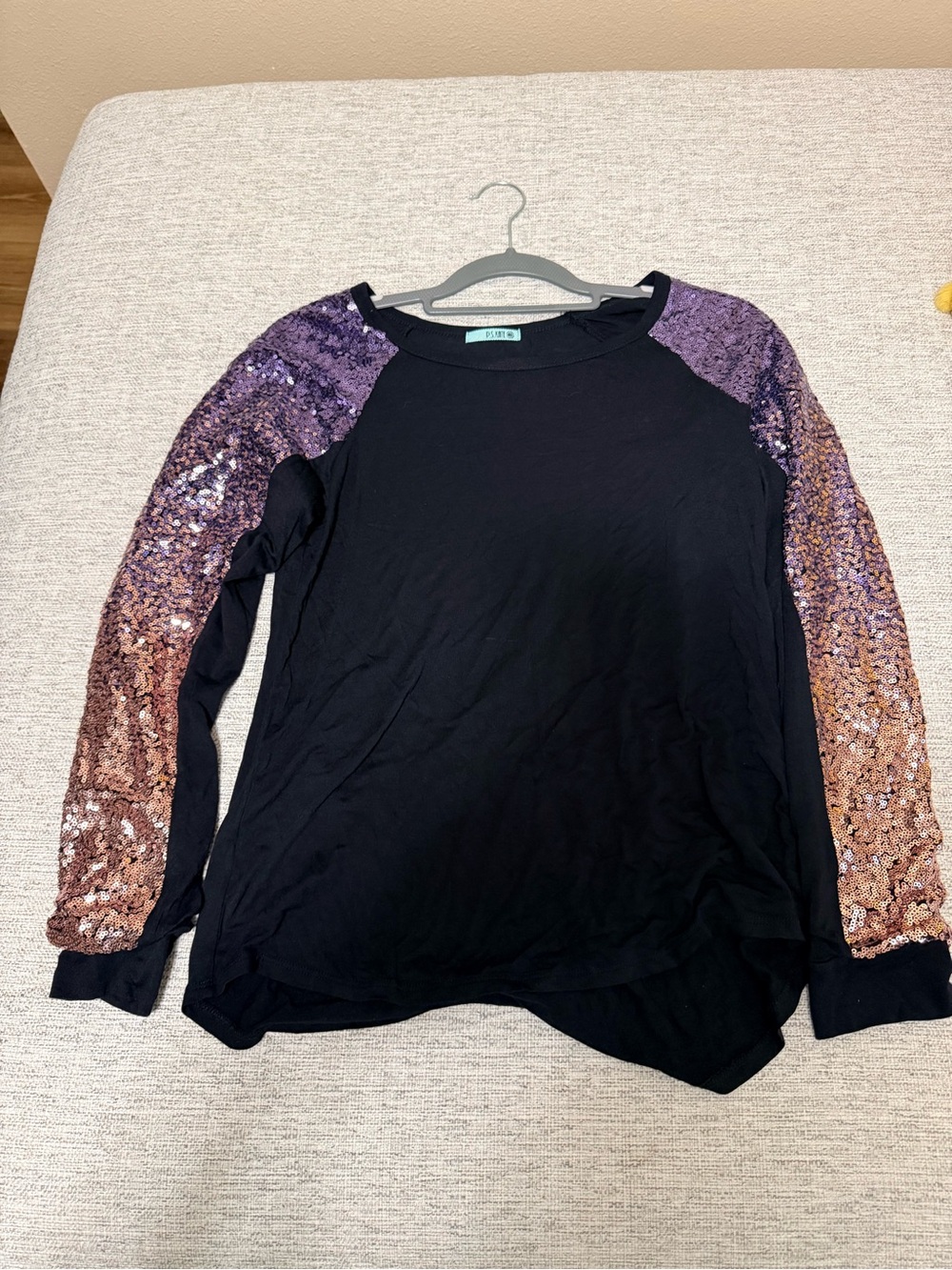 Black Top with Purple-to-Copper Sequin Sleeves